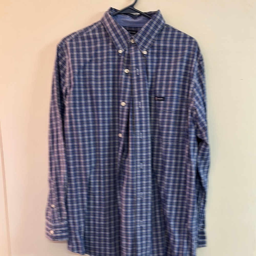 Chaps Blue Casual Button Down Shirt with Plaid Pattern